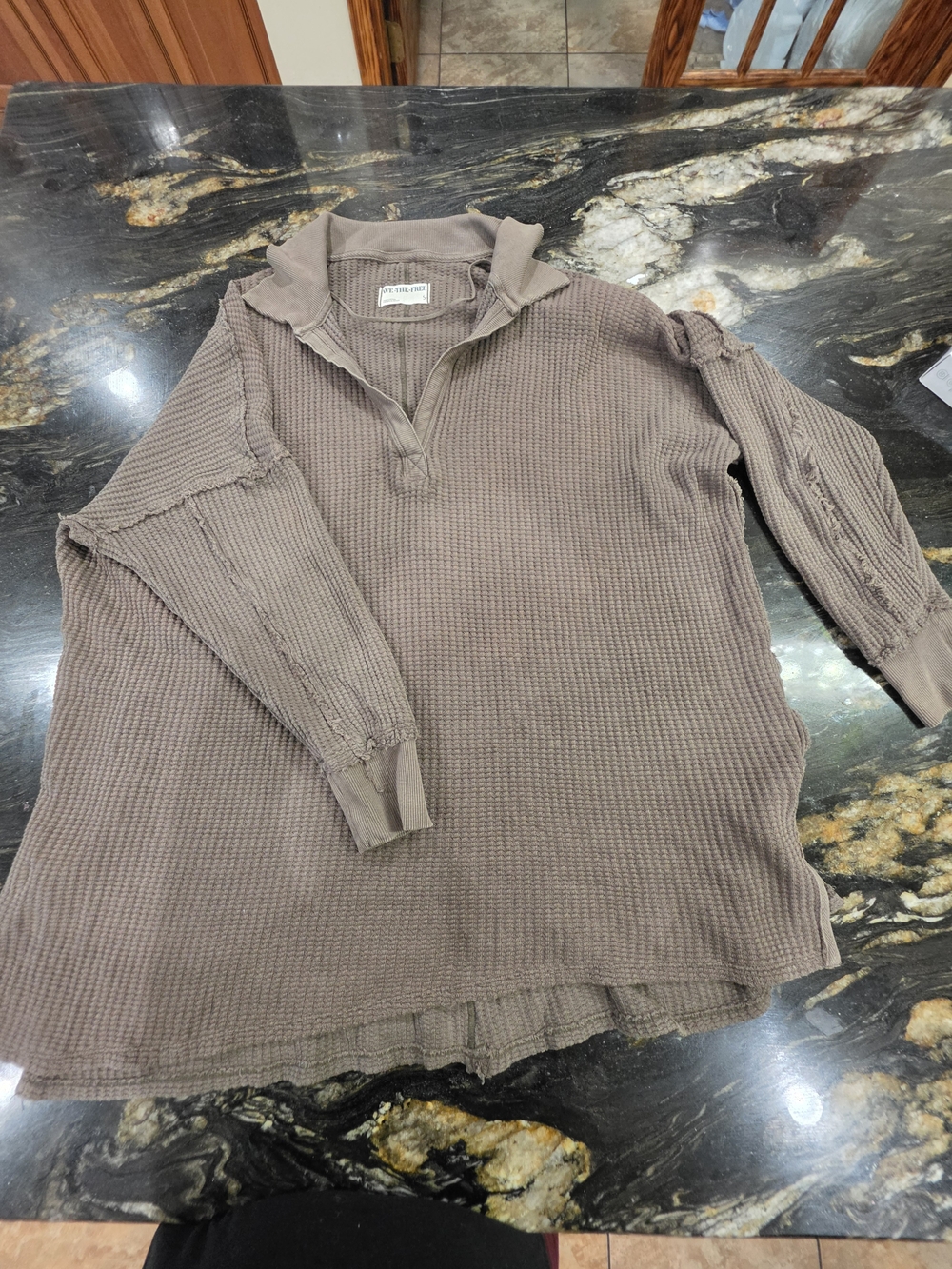 We The Free Women's Waffle-Knit Long Sleeve Polo in Taupe Brown